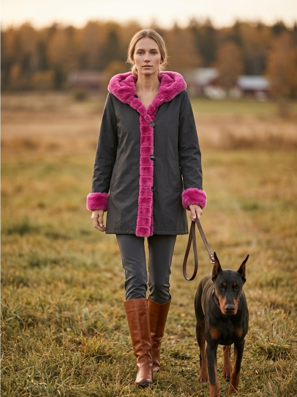 Reversible  Women's Black Trench Coat with Pink Faux-Fur Trim